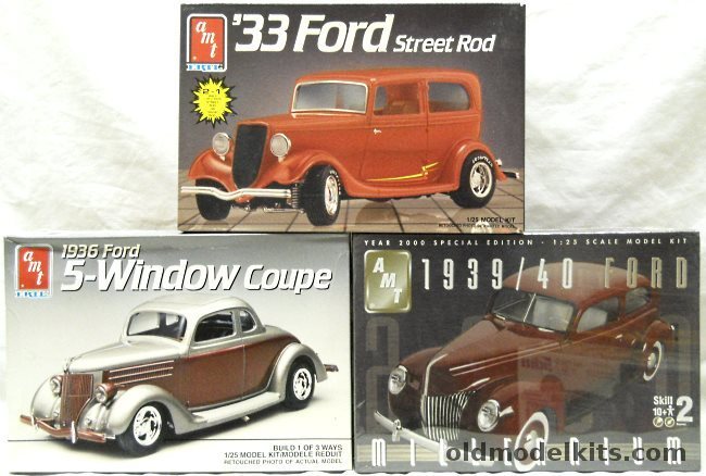 AMT 1/25 6924 1936 Ford 5 Window Coupe 3 in 1 / 6714 1933 Ford Street Rod or Show Rod / 30262 1939 1940 Ford  2 Door Coupe Stock / Custom / Competition plastic model kit